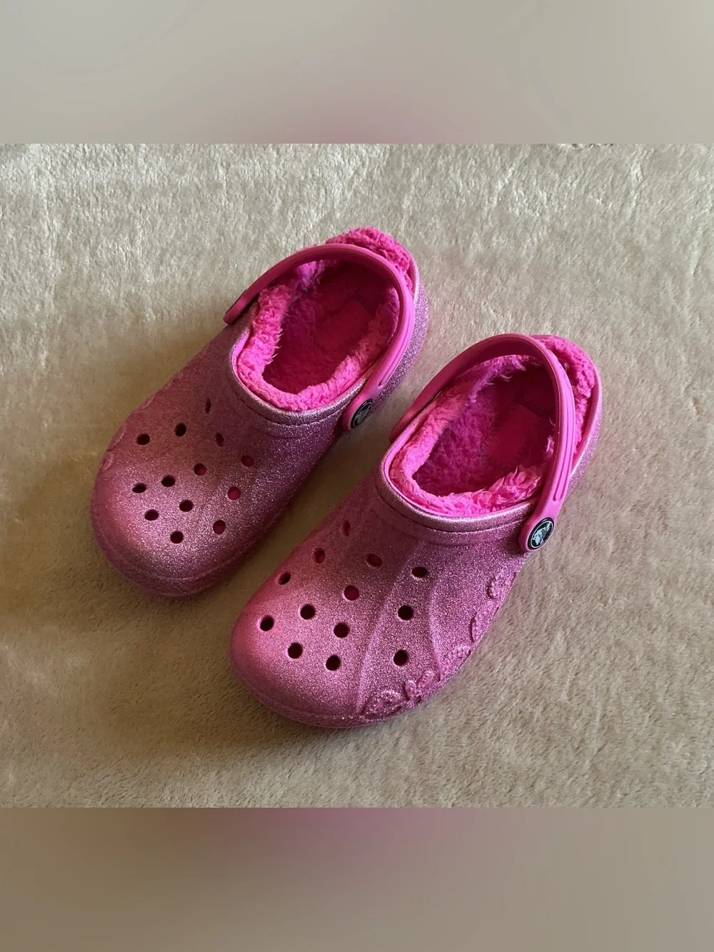 Crocs Youth Classic Lined Pink Clog Sparkle Size C13 #207656 Slip On Glitter